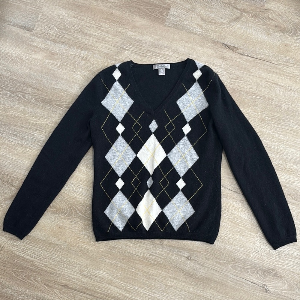 Charter Club Cashmere Black and White V-Neck Sweater